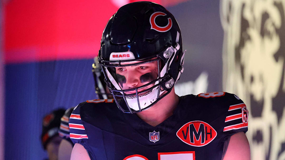 Dec 20, 2025; Chicago, Illinois, USA; Chicago Bears tight end Cole Kmet (85) takes the field before the game against the Green Bay Packers at Soldier Field. 