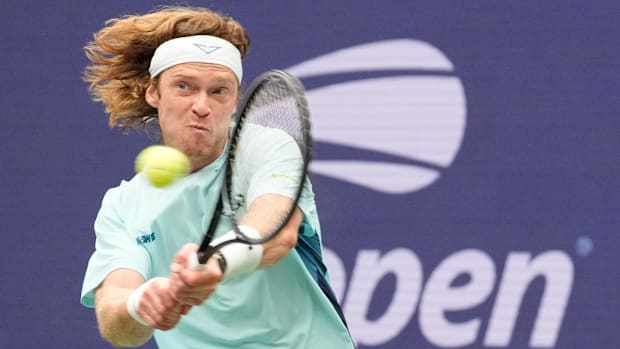 Rublev bloodied his knee after striking himself with his racket during his match against Carlos Alcaraz at the ATP Finals.