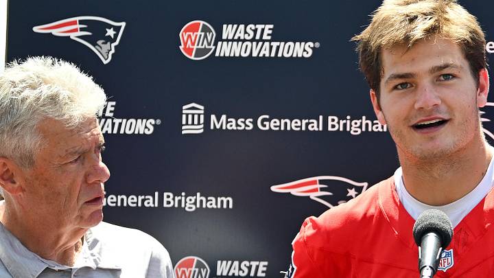 Jul 23, 2025; Foxborough, MA, USA; New England Patriots quarterback Drake Maye (10) addresses the media after practice during day one of training camp at Gillette Stadium. Mandatory Credit: Eric Canha-Imagn Images