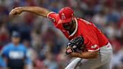 Jul 18, 2025; Philadelphia, Pennsylvania, USA; Los Angeles Angels pitcher Kenley Jansen (74) throws a pitch during the ninth inning against the Philadelphia Phillies at Citizens Bank Park. Mandatory Credit: Bill Streicher-Imagn Images