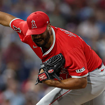 Jul 18, 2025; Philadelphia, Pennsylvania, USA; Los Angeles Angels pitcher Kenley Jansen (74) throws a pitch during the ninth inning against the Philadelphia Phillies at Citizens Bank Park. Mandatory Credit: Bill Streicher-Imagn Images