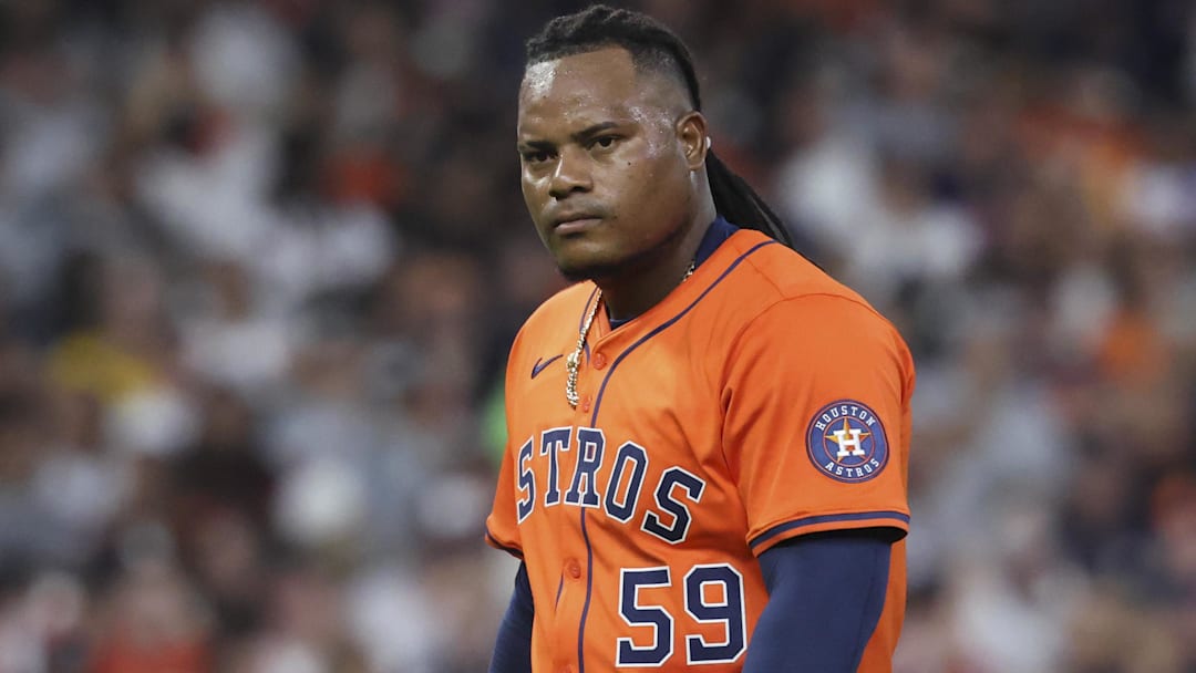 Aug 15, 2025; Houston, Texas, USA; Houston Astros starting pitcher Framber Valdez (59) walks off the field after a pitching change during the seventh inning against the Baltimore Orioles at Daikin Park.