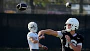 Texas Longhorns quarterback, Arch Manning during his first practice of the spring season on Tuesday, March 25, 2025.