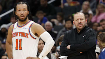Dec 28, 2024; Washington, District of Columbia, USA; New York Knicks head coach Tom Thibodeau (R) and Knicks guard Jalen Brunson (11) look on during a stoppage in play against the Washington Wizards in the third quarterat Capital One Arena. Mandatory Credit: Geoff Burke-Imagn Images