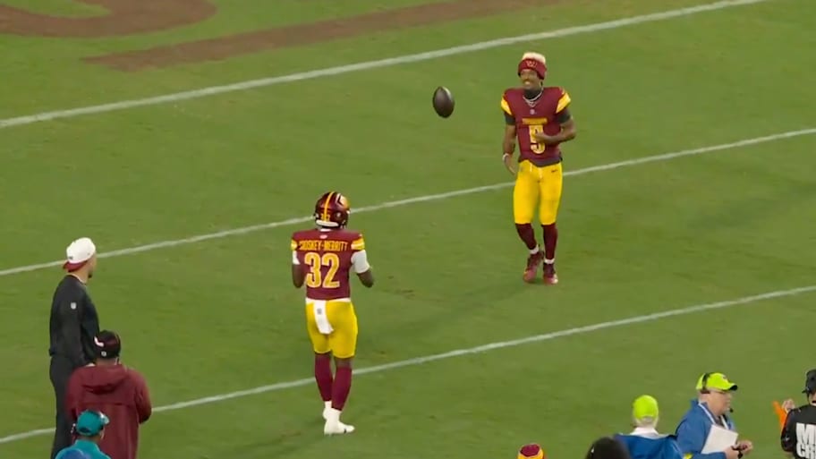 Daniels had exited the game just before Croskey-Merritt's big moment. | NFL / X / Screensho