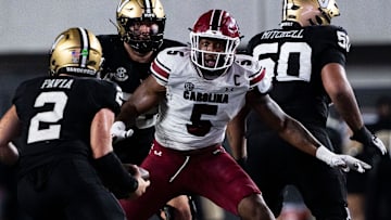 South Carolina Gamecocks edge Kyle Kennard (5) reacts as Vanderbilt Commodores quarterback Diego Pavia (2) protects the ball during the second half at FirstBank Stadium in Nashville, Tenn., Saturday, Nov. 9, 2024.