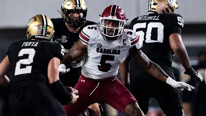 South Carolina Gamecocks edge Kyle Kennard (5) reacts as Vanderbilt Commodores quarterback Diego Pavia (2) protects the ball during the second half at FirstBank Stadium in Nashville, Tenn., Saturday, Nov. 9, 2024.
