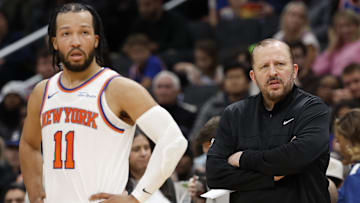 Dec 28, 2024; Washington, District of Columbia, USA; New York Knicks head coach Tom Thibodeau (R) and Knicks guard Jalen Brunson (11) look on during a stoppage in play against the Washington Wizards in the third quarterat Capital One Arena. Mandatory Credit: Geoff Burke-Imagn Images