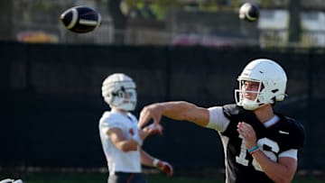 Texas Longhorns quarterback, Arch Manning during his first practice of the spring season.