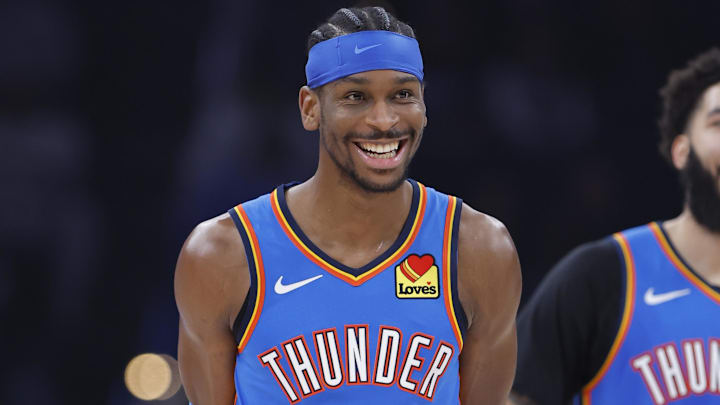 Jan 27, 2026; Oklahoma City, Oklahoma, USA; Oklahoma City Thunder guard Shai Gilgeous-Alexander (2) smiles during a time out against the New Orleans Pelicans during the second quarter at Paycom Center. Mandatory Credit: Alonzo Adams-Imagn Images