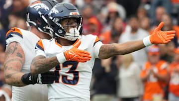 Nov 2, 2025; Houston, Texas, USA; Denver Broncos wide receiver Pat Bryant (13) celebrates after a first down during the second half against the Houston Texans at NRG Stadium. 