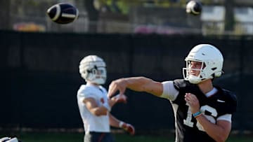 Texas Longhorns quarterback, Arch Manning during his first practice of the spring season.