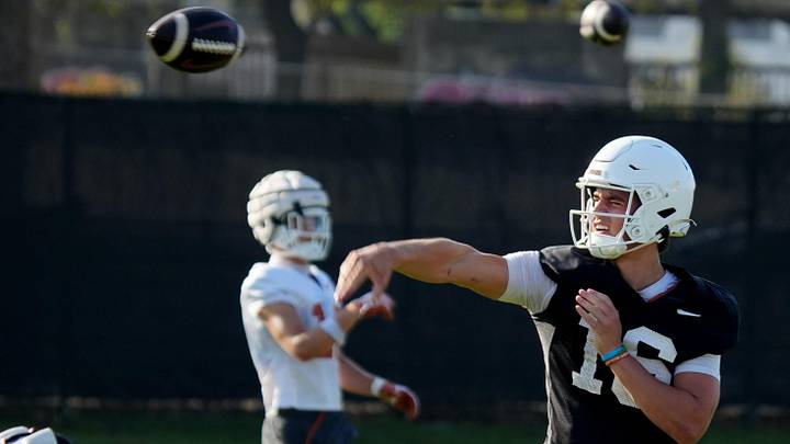 Texas Longhorns quarterback, Arch Manning during his first practice of the spring season on Tuesday, March 25, 2025.