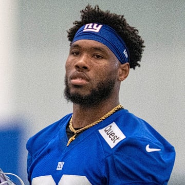 New York Giants running back Tyrone Tracy Jr. (29) walks around during Mandatory Minicamp at Quest Diagnostics Giants Training Center in East Rutherford on Tuesday, June 17, 2025.