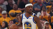 May 10, 2025; San Francisco, California, USA; Golden State Warriors forward Jimmy Butler III (10) dribbles upcourt against the Minnesota Timberwolves in the first quarter during game three of the second round for the 2025 NBA Playoffs at Chase Center. Mandatory Credit: David Gonzales-Imagn Images