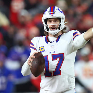 Jan 26, 2025; Kansas City, MO, USA; Buffalo Bills quarterback Josh Allen (17) drops back to pass against the Kansas City Chiefs