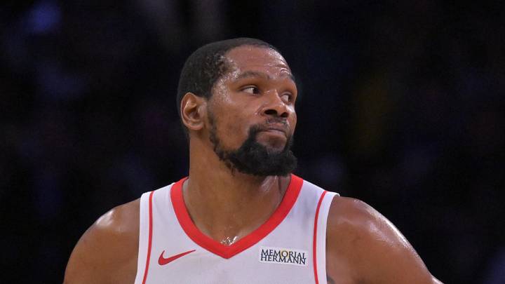 Apr 21, 2026; Los Angeles, California, USA; Houston Rockets forward Kevin Durant (7) looks on from the court during the final minutes of game two of the first round of the 2026 NBA Playoffs at against the Los Angeles Lakers at Crypto.com Arena. Mandatory Credit: Jayne Kamin-Oncea-Imagn Images
