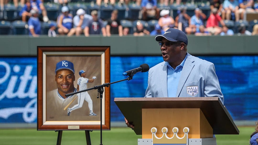 Jun 28, 2023; Kansas City, Missouri, USA;  Bo Jackson speaks during his Royals Hall of Fame induction ceremony 