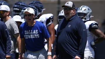 Jul 30, 2024; Oxnard, CA, USA; Dallas Cowboys special teams coordinator John Fassel and head coach Mike McCarthy during training camp at the River Ridge Playing Fields in Oxnard, California. Mandatory Credit: Jason Parkhurst-USA TODAY Sports