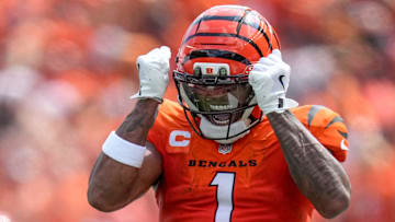 Cincinnati Bengals wide receiver Ja'Marr Chase (1) celebrates after breaking away for a long run on a reception in the second quarter of the NFL Week 2 game between the Cincinnati Bengals and the Jacksonville Jaguars at Paycor Stadium in downtown Cincinnati on Sunday, Sept. 14, 2025. The Jaguars led 17-10 at halftime.