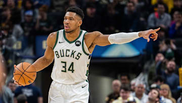 Milwaukee Bucks forward Giannis Antetokounmpo (34) dribbles the ball in the second quarter against the Indiana Pacers at Gainbridge Fieldhouse. 