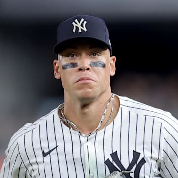 Jul 8, 2025; Bronx, New York, USA; New York Yankees right fielder Aaron Judge (99) during the eighth inning against the Seattle Mariners at Yankee Stadium. Mandatory Credit: Brad Penner-Imagn Images