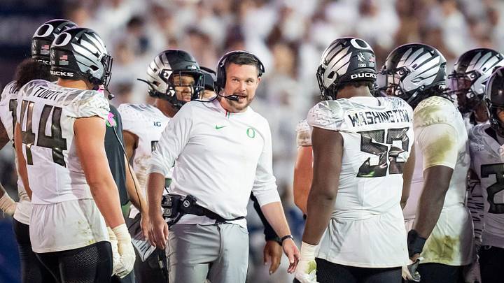 The Man in the Arena: Dan Lanning fires up the defense in the fourth quarter at Penn State.