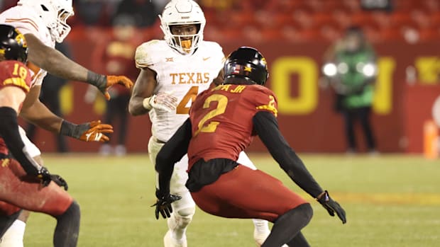 Nov 18, 2023; Ames, Iowa, USA; Iowa State Cyclones defensive back T.J. Tampa (2) looks to tackle