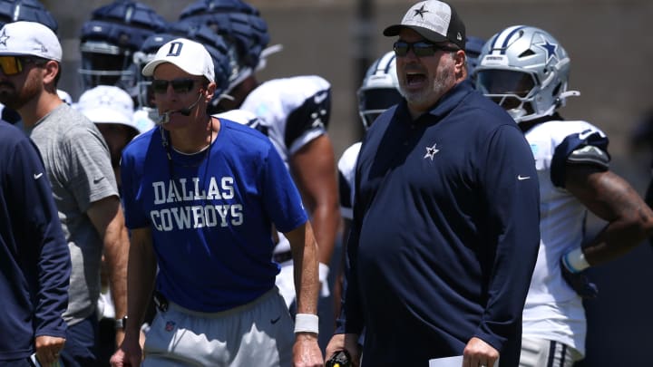 Jul 30, 2024; Oxnard, CA, USA; Dallas Cowboys special teams coordinator John Fassel and head coach Mike McCarthy during training camp at the River Ridge Playing Fields in Oxnard, California.