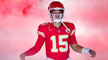 Nov 4, 2024; Kansas City, Missouri, USA; Kansas City Chiefs quarterback Patrick Mahomes (15) is introduced before the game against then Tampa Bay Buccaneers at GEHA Field at Arrowhead Stadium. Mandatory Credit: Denny Medley-Imagn Images