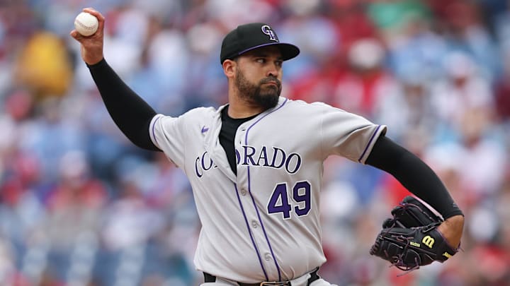 Apr 3, 2025; Philadelphia, Pennsylvania, USA; Colorado Rockies pitcher Antonio Senzatela (49) throws a pitch against the Philadelphia Phillies during the first inning at Citizens Bank Park. Mandatory Credit: Bill Streicher-Imagn Images