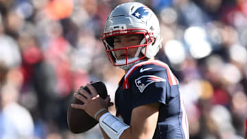 Oct 26, 2025; Foxborough, Massachusetts, USA;  New England Patriots quarterback Drake Maye (10) looks to pass during the first quarter against the Cleveland Browns at Gillette Stadium. Mandatory Credit: Brian Fluharty-Imagn Images
