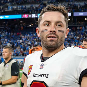 Tampa Bay Buccaneers quarterback Baker Mayfield (6) at the end of the Detroit Lions game against the Tampa Bay Buccaneers at Ford Field in Detroit on Sunday, Sept. 15, 2024. Buccaneers won 20-16.