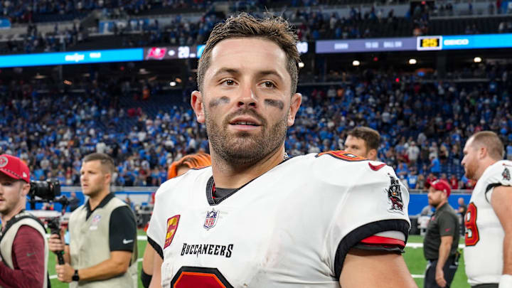 Tampa Bay Buccaneers quarterback Baker Mayfield (6) at the end of the Detroit Lions game against the Tampa Bay Buccaneers at Ford Field in Detroit on Sunday, Sept. 15, 2024. Buccaneers won 20-16.