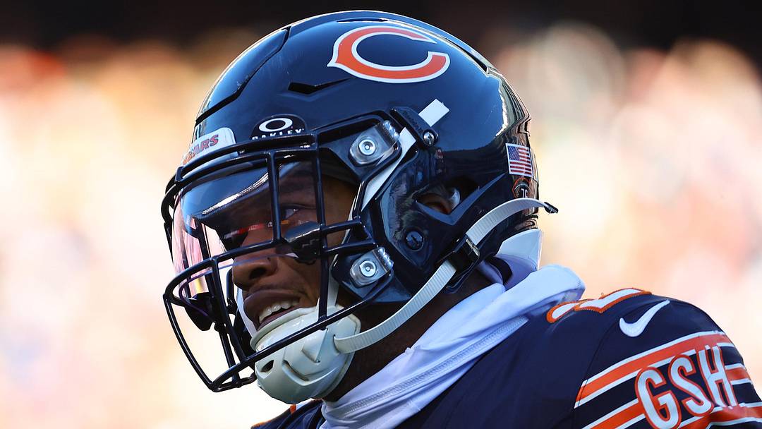 Nov 23, 2025; Chicago, Illinois, USA; Chicago Bears wide receiver DJ Moore (2) reacts during the second half at Soldier Field. Mandatory Credit: Mike Dinovo-Imagn Images