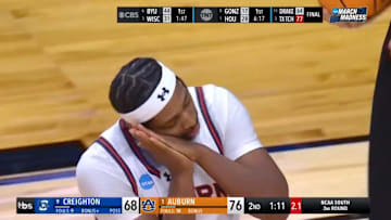 Auburn's Denver Jones hits the 'Night Night' during a game vs. Creighton on March 22, 2025.