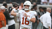 Oct 25, 2025; Starkville, Mississippi, USA; Texas Longhorns quarterback Arch Manning (16) passes the ball during warm ups  prior to the game against the Mississippi State Bulldogs at Davis Wade Stadium at Scott Field. Mandatory Credit: Petre Thomas-Imagn Images