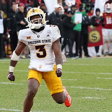 Nov 1, 2025; Ames, Iowa, USA;  Arizona State Sun Devils running back Raleek Brown (3) celebrates during their game with the Iowa State Cyclones at Jack Trice Stadium. Mandatory Credit: Reese Strickland-Imagn Images