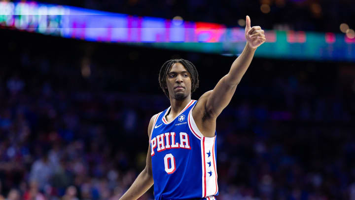 May 2, 2024; Philadelphia, Pennsylvania, USA; Philadelphia 76ers guard Tyrese Maxey (0) during game six of the first round for the 2024 NBA playoffs against the New York Knicks at Wells Fargo Center. Mandatory Credit: Bill Streicher-USA TODAY Sports