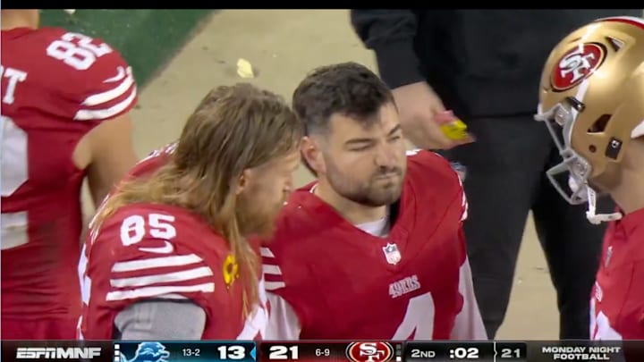 49ers tight end George Kittle and kicker Jake Moody on Dec. 30. 49ers tight end George Kittle and kicker Jake Moody on Dec. 30.