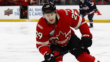 Feb 20, 2025; Boston, MA, USA; [Imagn Images direct customers only] Team Canada forward Nathan MacKinnon (29) during the 4 Nations Face-Off ice hockey championship game against the United States at TD Garden. Mandatory Credit: Winslow Townson-Imagn Images