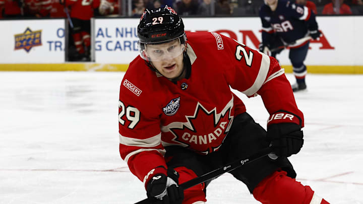 Feb 20, 2025; Boston, MA, USA; [Imagn Images direct customers only] Team Canada forward Nathan MacKinnon (29) during the 4 Nations Face-Off ice hockey championship game against the United States at TD Garden. Mandatory Credit: Winslow Townson-Imagn Images