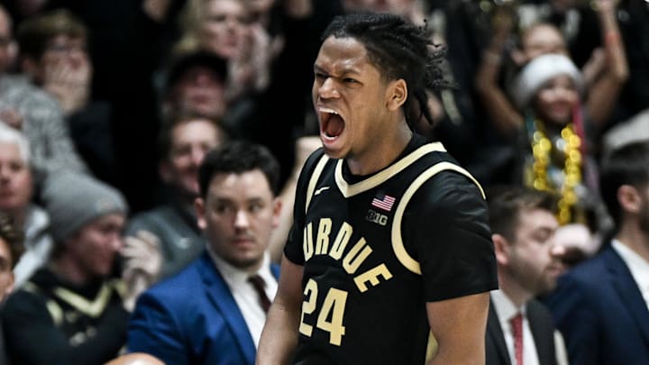 Purdue Boilermakers guard Gicarri Harris (24) celebrates after a play