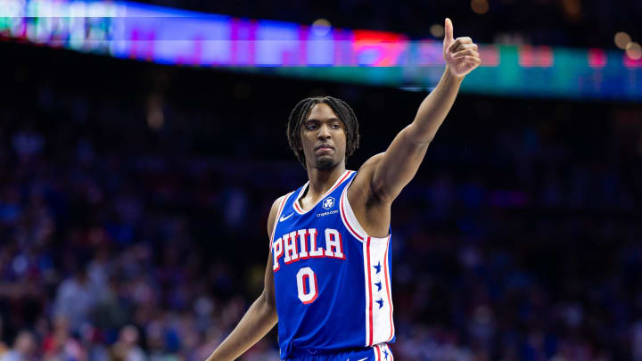 May 2, 2024; Philadelphia, Pennsylvania, USA; Philadelphia 76ers guard Tyrese Maxey (0) during game six of the first round for the 2024 NBA playoffs against the New York Knicks at Wells Fargo Center. Mandatory Credit: Bill Streicher-USA TODAY Sports