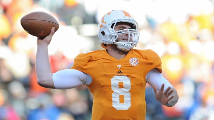 Nov 24, 2012; Knoxville, TN, USA; Tennessee Volunteers quarterback Tyler Bray (8) during the game against the Kentucky Wildcats at Neyland Stadium. Tennessee won by a score of 37 to 17. Mandatory Credit: Randy Sartin-Imagn Images