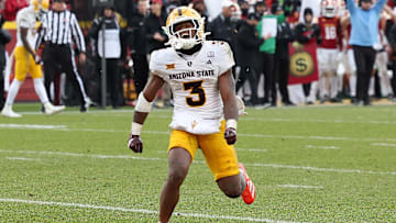 Nov 1, 2025; Ames, Iowa, USA;  Arizona State Sun Devils running back Raleek Brown (3) celebrates during their game with the Iowa State Cyclones at Jack Trice Stadium. Mandatory Credit: Reese Strickland-Imagn Images