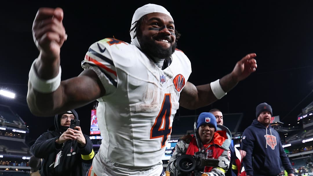 Nov 28, 2025; Philadelphia, Pennsylvania, USA; Chicago Bears running back D'Andre Swift (4) celebrates as he leaves the field after the game against the Philadelphia Eagles at Lincoln Financial Field.