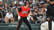 Chicago White Sox catcher Teel leads off of third base against the Kansas City Royals at Rate Field. 