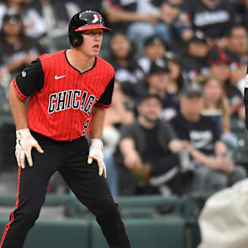 Chicago White Sox catcher Teel leads off of third base against the Kansas City Royals at Rate Field. 