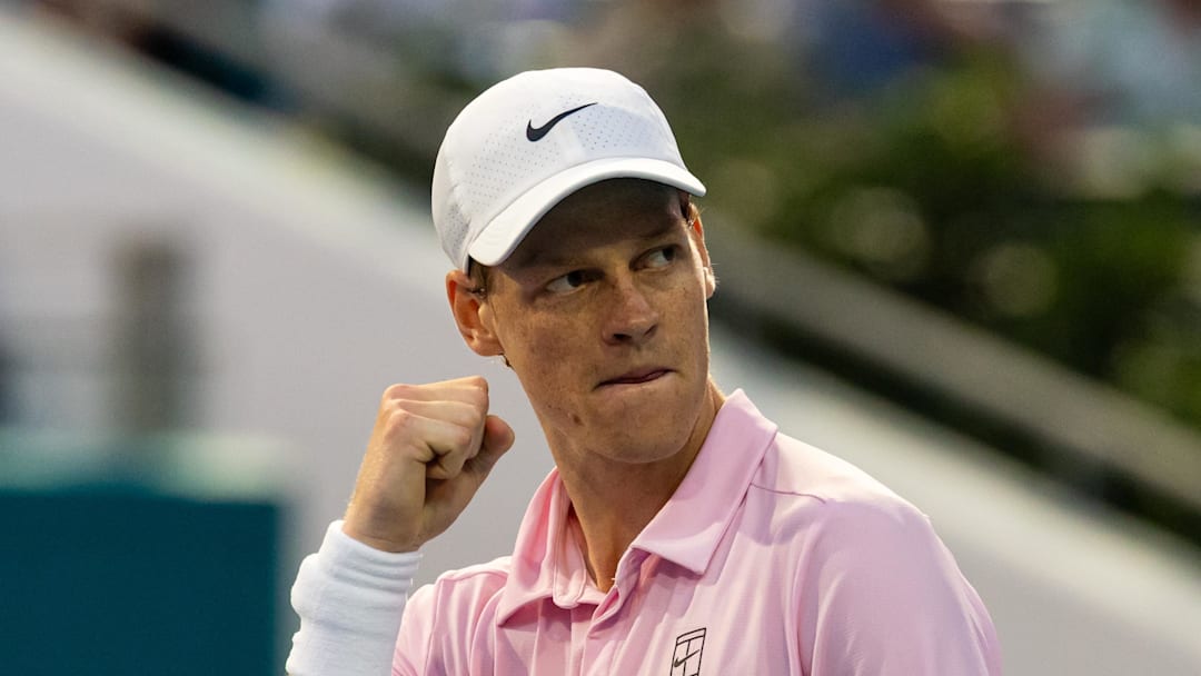 Jannik Sinner of Italy celebrates during his match against Jiri Lehecka